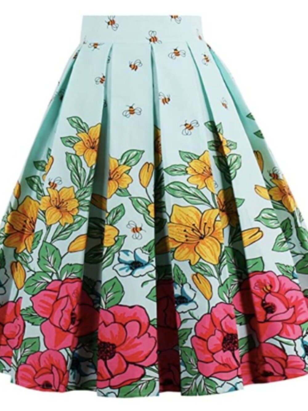 Floral Bee Border Print Pleated Midi Skirt Plus Size 2X